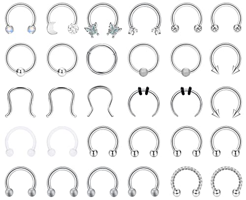 Milacolato 16G Septum Ring Nasenpiercing Edelstahl Septum Piercing Schmuck, Schwarz Silber Hufeisen Nasenring 10mm, Helix Daith Knorpel Ohrringe Smiley Nostril Piercing Schmuck für Damen Herren 30St von Milacolato