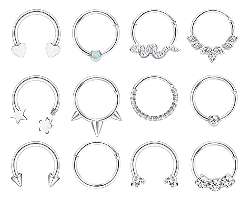 Milacolato 16G Septum Ringe Edelstahl Septum Clicker Hinged Lip Nasenpiercing Hoop Silber Gold 8mm 10mm CZ Stern Herz Knorpel Tragus Helix Ohrringe Daith Conch Nostril Ohr Piercing Schmuck für Damen von Milacolato