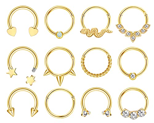 Milacolato 16G Septum Ringe Edelstahl Septum Clicker Hinged Lip Nasenpiercing Hoop Silber Gold 8mm 10mm CZ Stern Herz Knorpel Tragus Helix Ohrringe Daith Conch Nostril Ohr Piercing Schmuck für Damen von Milacolato