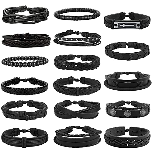 Milacolato Lederarmband Armbänder Set 17 Teiliges Armband für Männer Herren Gewebte Geflochtenes Lederarmband für Männer und Frauen Punk Herrenschmuck Schwarz Accessoires von Milacolato