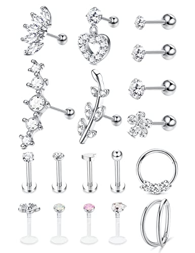 Milacolato 18 Stück Helix Labret Piercing Ohr Forward Tragus Knorpel Septum Creolen Für Frauen Labret Ball Back Ohrringe Nasenpiercing Ring Piercing Daith Tragus Helix Ohrringe Silber von Milacolato