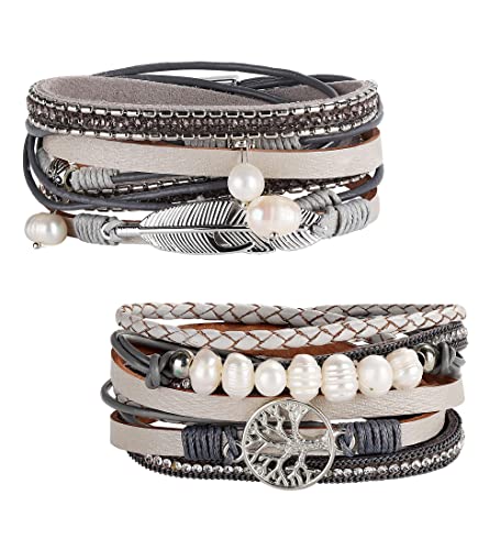 Milacolato 2 Stück Lederarmband Damen Boho Multilayer Baum Leder Armband Wrap Ledermanschettenarmbänder Grau Braun Schwarz Blau Magnetschnalle Armreifen Schmuck Geschenk Für Mutter Freunde von Milacolato
