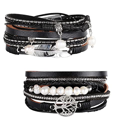 Milacolato 2 Stück Lederarmband Damen Boho Multilayer Baum Leder Armband Wrap Ledermanschettenarmbänder Grau Braun Schwarz Blau Magnetschnalle Armreifen Schmuck Geschenk Für Mutter Freunde von Milacolato