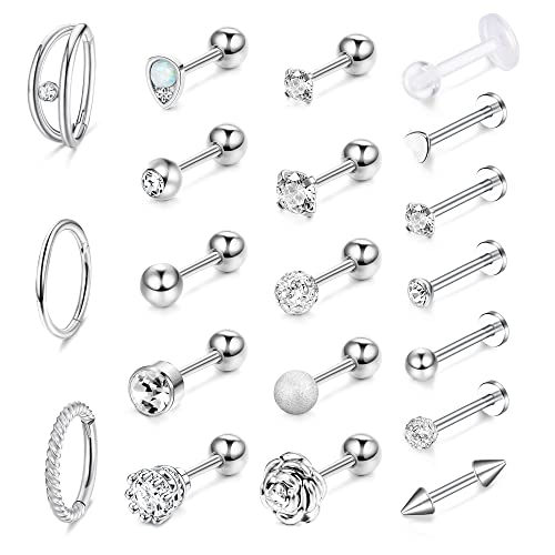 Milacolato 20 Stück Helix Labret Piercing Ohr Forward Tragus Knorpel Septum Creolen Für Frauen Labret Ball Back Ohrringe Nasenpiercing Ring Piercing Daith Tragus Helix Ohrringe Piercing Damen 16-20G von Milacolato