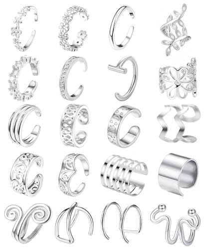 Milacolato 20Pcs Ear Cuff Set Damen Ohrmanschette Ohrringe Earcuffs Set Helix Knorpel Clip auf Wickelohrring Fakepircings Ohr Cuffs Ohrklemme Silber von Milacolato