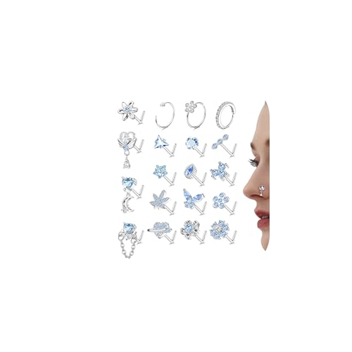 Milacolato 20Stück Nasenpiercing Silber Nasenring Nasenstecker Nasenpiercing Set Nasenpiercing Stecker mit CZ Chirurgenstahl Nostril Piercing Schmuck Damen 20G von Milacolato