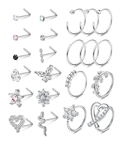 Milacolato 22Pcs 20G Nasenring Ohrstecker für Frauen Männer Edelstahl gepflastert CZ Runde Sternnase Ohrstecker L Hoop 8mm Silber Nostril Conch Knorpel Daith Piercing Schmuck Set von Milacolato