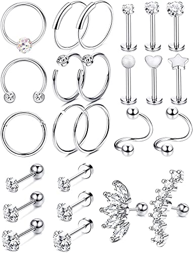 Milacolato 25 Stück Piercing Tragus Knorpel Ohrring Stud Hoop 16G 316L Edelstahl Piercing Ringe Knorpel Ohr Helix Conch Piercing Schmuck für Frauen, Zirkonia Stahl, Zirkonia, Chirurgenstahl von Milacolato