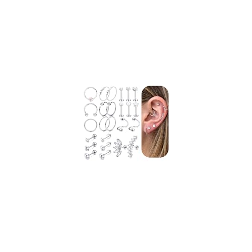 Milacolato 25 Stück Helix Piercings Ohr Set für Damen Tragus Knorpel Ohrring Ohrstecker Stud Hoop 16G Edelstahl Piercing Ringes Knorpel Conch Daith Chirurgenstahl Piercing Schmuck für Frauen von Milacolato