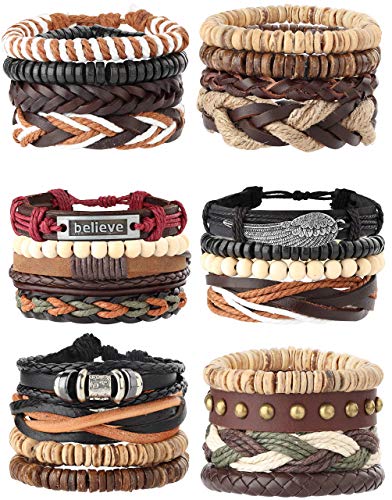 Milacolato 26 Stücke Woven Geflochtenes Leder Armband für Männer Frauen Hanf Cords Holz Perlen Manschette Armbänder Einstellbar von Milacolato