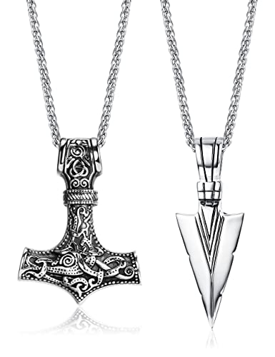 Milacolato 2Pcs Edelstahl Wikinger Halsketten Set| für Herren Mjolnir Anhänger Halskette für Herren Kette Thor Hammer Halskette Punk Wikinger Schmuck für Herren Silber von Milacolato