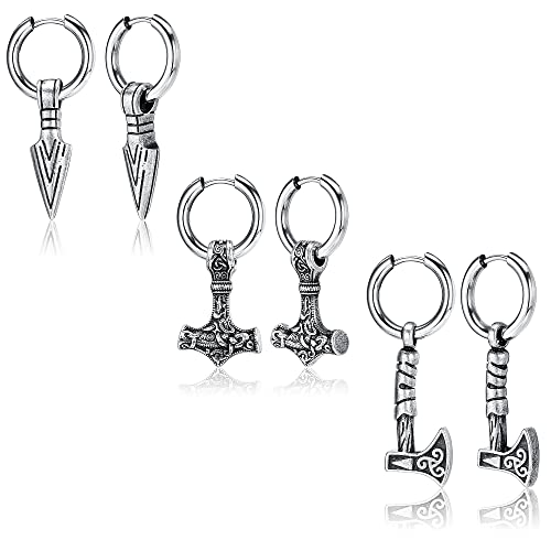 MILACOLATO 3 Paar Ohrringe Männer Wikinger Ohrringe Für Herren Dangly Norse Thors Hammer Axt Edelstahl Huggie Kleine Creolen Männer Gothic Wikinger Schmuck Silber von Milacolato