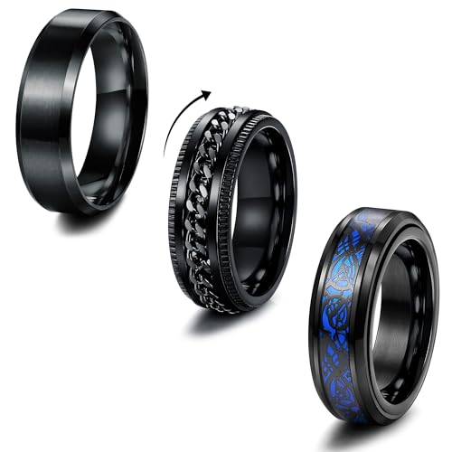 Milacolato 3 Ringe Herren Schwarz Fidget Ring Edelstahl Spinner Ring Cool Gedrehter Kette Anxiety Ring Keltischer Drache Bandring Engagement Ring Eheringe 8mm Breit von Milacolato