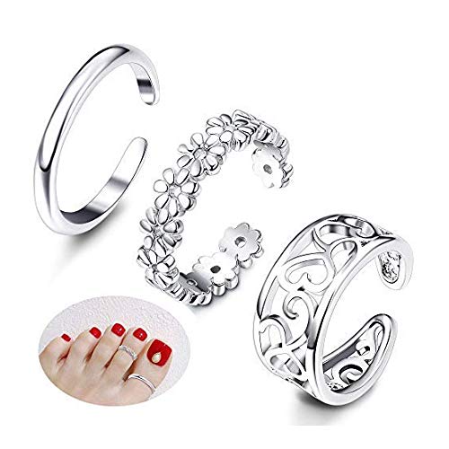 MILACOLATO 3 Stück Ring Silber Damen Offen Verstellbar Zehenring Set Frauen Mädchen Sommer Blume Herz Band Manschette Zehe Ringe Sandalen Barfuß Fuß Schmuck-Set Geschenke von Milacolato