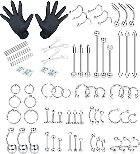 Milacolato Edelstahl Professionelle Piercing Set Lippe Zunge Helix Tragus Rook Daith Knorpel Augenbraue Bauchnabel Nase Nabel Barbells Ring Kit Körperschmuck Für Damen Herren 14G 16G 18G 20G 60 Stück von Milacolato