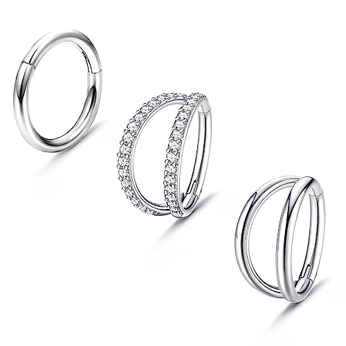 Milacolato 3PCS 16G Edelstahl Nasenpiercing Ring Hoop für Damen Septum Clicker Nasen Ringe CZ Scharnier Segment Lippen Nasenring Helix Knorpel Daith Tragus Ohrringe Körper Piercing Schmuck von Milacolato