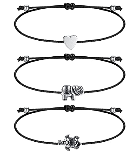 Milacolato 3Pcs Fußkettchen für Damen Leder Herz Elefanten Schildkröten Ketten Strand Einstellbare Schwarze Fußkettchen Fußschmuck Sets für Frauen von Milacolato