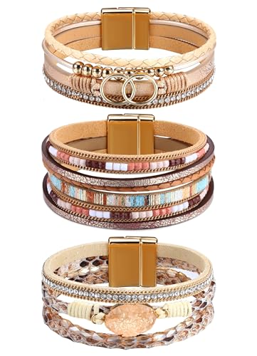 Milacolato 3Pcs Leder Wickelarmbänder für Damen, Boho Wickelarmbänder Leder Manschette Armreif Perlen Armbänder Stapelbare westliche Armbänder Schmuck Geschenke für Damen (Gold) von Milacolato