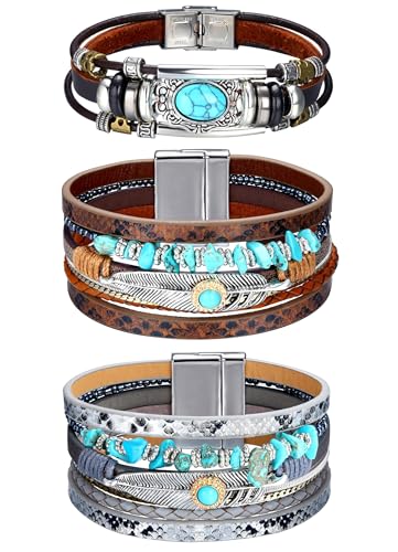 Milacolato 3Pcs Leder Wickelarmbänder für Damen, Boho Wickelarmbänder Leder Manschette Armreif Perlen Armbänder Stapelbare westliche Armbänder Schmuck Geschenke für Damen (Türkis) von Milacolato