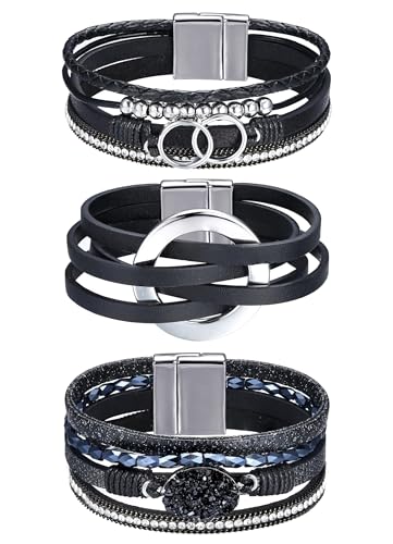 Milacolato 3Pcs Leder Wickelarmbänder für Damen, Boho Wickelarmbänder Leder Manschette Armreif Perlen Armbänder Stapelbare westliche Armbänder Schmuck Geschenke für Frauen (Schwarz) von Milacolato