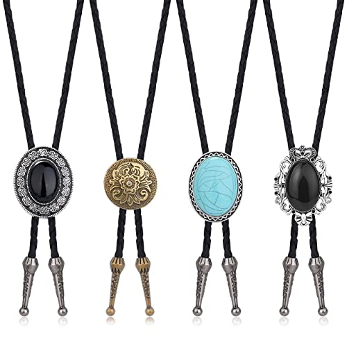 Milacolato 4 Bolo Tie Krawatte Set Für Herren Jungen Western Cowboy Krawatten Handgefertigte Leder Krawatten Halskette, Bolo Krawatten Set Halloween Kostümzubehör von Milacolato