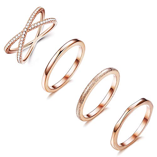 Milacolato 4 STÜCKE Edelstahl Stacking Hochzeit Band Ringe Frauen CZ Criss Cross Ring Mädchen Engagement Eternity Knuckle Mid Ring Set Silber/Rose Gold von Milacolato