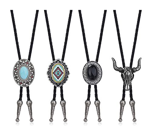 Milacolato 4Pcs Western Cowboy Vintage Bolotie Krawatte Herren Handgemachtes Leder Runde Form Schwarz Vintage Türkis Anhänger Bolo Ties Männer von Milacolato