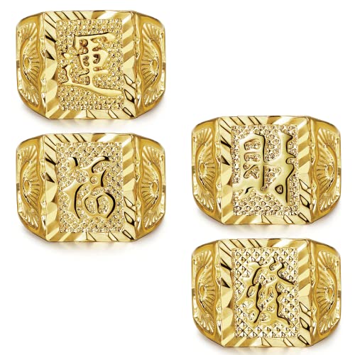 Milacolato 4Stk Herren Ring Vergoldeter Trauring Kanji Ringe Reich/Glück/Reichtum Ring Set Halloween Gold Klobige Ringe Verstellbar von Milacolato