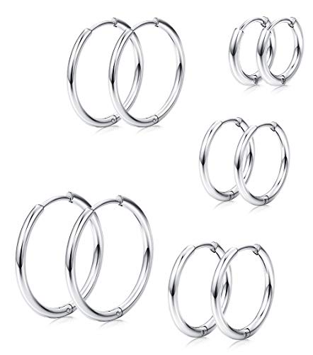 Milacolato 5 Pairs Edelstahl Basic endlose Creolen für Herren Damen Knorpel Piercing Nase Zunge Körper Ring 8-16mm Silber von Milacolato