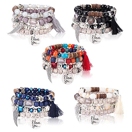 Milacolato 5 Sets Böhmische Stretch Perlen Armbänder für Frauen Mädchen Kristall Perlen Strang Armreif Charme Mehrschichtige Stapelbare Armbänder von Milacolato