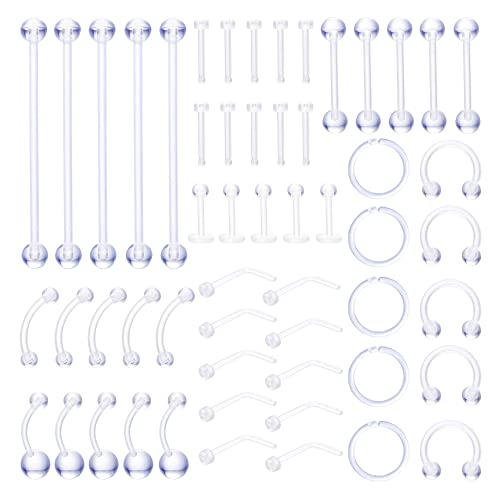 Milacolato 55Pcs Bioflex Tragus Piercing Set Transparenter Kunststoff Piercing Halter Septum Ring Nasenstecker Lippenring Helix Ohr Hufeisen Industrieller Piering Schmuck Für Damen Herren 16G 18G von Milacolato