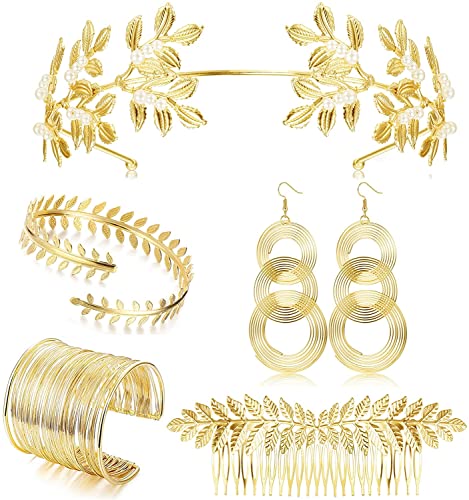 Milacolato Griechische Göttin Kostüm Schmuck Set Für Damen Römischen Lorbeerblätter Krone Diadem Haarkamm Manschette Oberarm Armbänder Swirl Ohrringe Gold Hochzeit Braut Toga Party Schmuckset 5Pcs von Milacolato