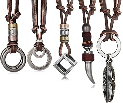 Milacolato 5Pcs Lederkette Herren Vintage Feather Cube Kette Halskette Einstellbar Leder Halskette für Herren mit Anhänger Schmuck Braun von Milacolato