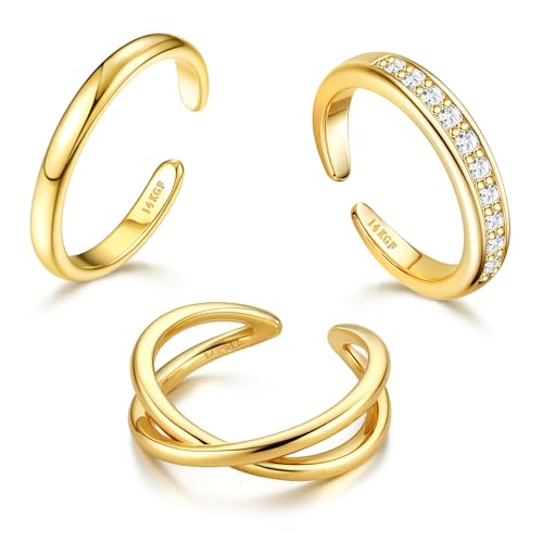 Milacolato 3 Stück 14K Gold Gefüllte Zehenringe für Damen Verstellbare Gold Zehenring Set Offenes Band Einfach CZ Hawaiian Sommer Strand Fußring von Milacolato