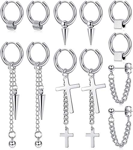 Milacolato 6Pairs 316L Edelstahl Ohrringe Set Herren Damen Creolen Hängende Ohrringe mit kette Punk Gothic Kreuz Kpop Ohrringe Unisex Silber von Milacolato