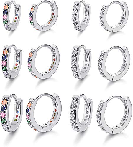 Milacolato 6Pairs Huggie Creolen Set Damen Zirkonia Ohrringe Rainbow CZ Mehrfarbige kleine Knorpel Tragus Helix Piercing Creolen Ohrringe Set 6/8/10mm von Milacolato