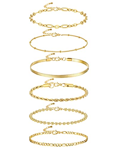 Milacolato 6Pcs Armband Damen Gold Kettenarmbänder Set Für Damen Verstellbare Mode VerGoldet Zierliche Edelstahl Twist Fischgrätenkette Kette Zirkonia Silber Schmuck Armbänder Damen Gold von Milacolato