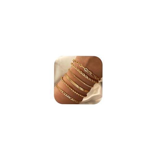 Milacolato 6Pcs Armband Damen Gold Kettenarmbänder Set Für Damen Verstellbare Mode VerGoldet Zierliche Edelstahl Twist Fischgrätenkette Kette Zirkonia Silber Schmuck Armbänder Damen Gold von Milacolato