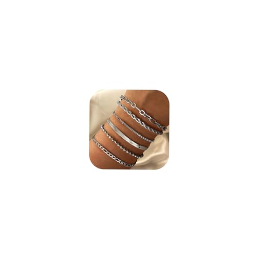 Milacolato 6Pcs Armband Damen Gold Kettenarmbänder Set Für Damen Verstellbare Mode VerGoldet Zierliche Edelstahl Twist Fischgrätenkette Kette Zirkonia Silber Schmuck Armbänder Damen Silber von Milacolato
