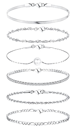 Milacolato 6Pcs Kette Armbänder Set für Frauen Einstellbare Mode 18K verGoldet zierlich Edelstahl Twist Figaro Fischgrätenkette Zirkonia Link Armband Schmuck Silber von Milacolato