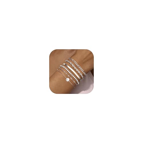 Milacolato 6Pcs Kette Armbänder Set für Frauen Einstellbare Mode 18K verGoldet zierlich Edelstahl Twist Figaro Fischgrätenkette Zirkonia Link Armband Schmuck Silber von Milacolato