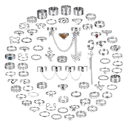 Milacolato 70 Stück Ring Set für Damen Mädchen Knöchelringe Daumenringe Silber Vintage Böhmische Gelenk Finger Midi Ringe Stapelringe Geschenk von Milacolato