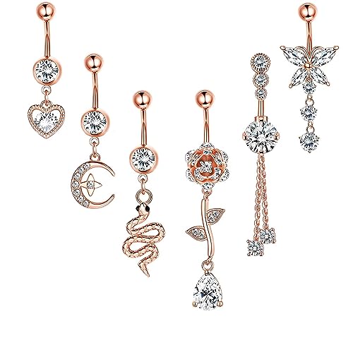 Milacolato 6Pcs 14G Bauchnabel Ringe Baumeln für Damen Edelstahl Schlange Schmetterling Blume Klar Zirkonia Nabelringe Körper Piercing Schmuck Roségold von Milacolato