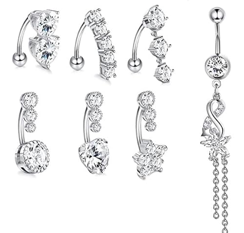 Milacolato 8 STÜCKE Bauchnabelpiercing Chirurgenstahl,Piercing für Damen Nickelfrei CZ Ring Barbell Bauchnabelringe für Frauen Umgedrehtes Bodybauchnabelpiercing Silber Piecing Schmuck von Milacolato