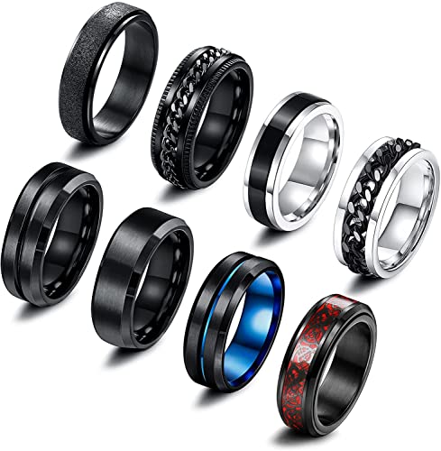 Milacolato 8 Stück Edelstahl Fidget Ring Spinner Ring Edelstahl Spinner Ringe für Zappeln für Damen Hochzeitsversprechen Schwarze Bandringe Coole Schwarze Ringe für Männer 52-70 von Milacolato