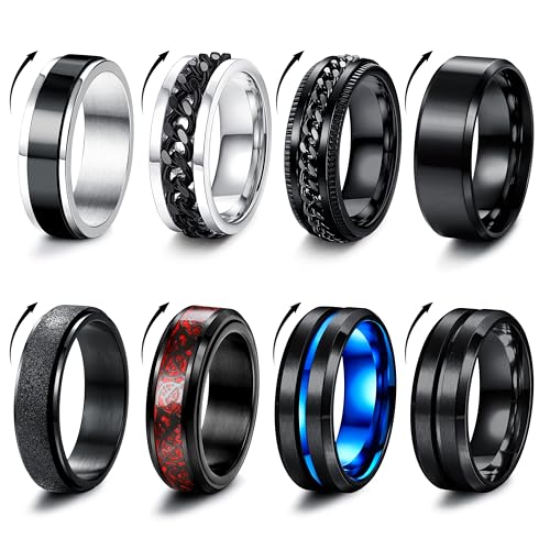 Milacolato 8 Stück Edelstahl Fidget Ring Spinner Ring Edelstahl Spinner Ringe für Zappeln für Damen Hochzeitsversprechen Schwarze Bandringe Coole schwarze Ringe für Männer 52-70 von Milacolato
