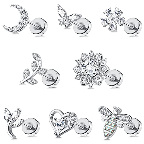 Milacolato 8PCS 16G Edelstahl Tragus Ohrringe für Damen Herren Knorpel Helix Piercing Lippenringe Nase Labret Chirurgenstahl Knorpel Ohr Piercing CZ Daith Tragus Piercings Ohrstecker Silver von Milacolato