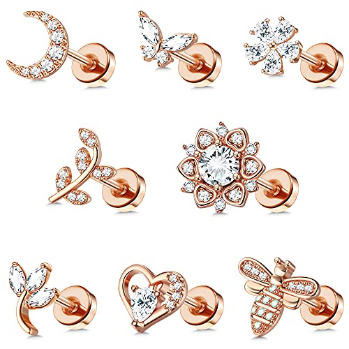 MILACOLATO 8PCS 16G Edelstahl Tragus Ohrringe für Damen Männer Knorpel Helix Piercing Lippenringe Nase Labret Chirurgenstahl Knorpel Ohr Piercing CZ Daith Tragus Piercings Stud Ohrstecker Rosegold von Milacolato