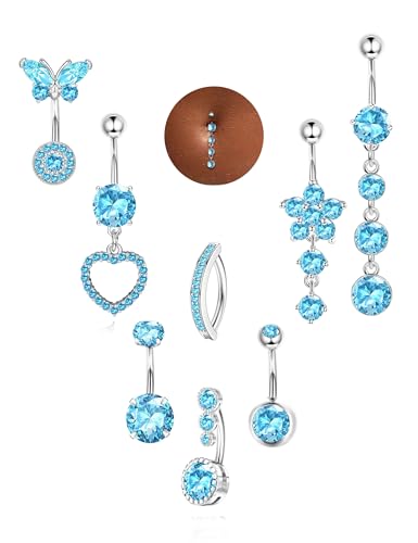 Milacolato 8Stck Blau Bauchnabelpiercing Chirurgenstahl, Piercing Bauchnabel Set, Blume Herz Schmetterling baumelnden Bauch Ring, Bauchpiercing Clicker, Nabel Piercing Schmuck für Damen Mädchen 10mm von Milacolato
