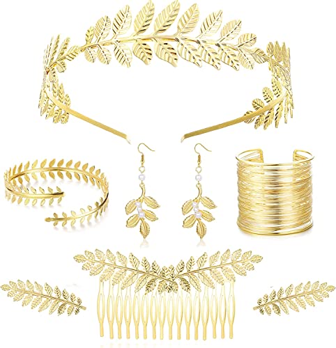 Milacolato 8Pcs Gold Griechische Göttin Kostüm Für Damen, Cleopatra Griechisches Göttin Set, Blatt Stirnband Spulenarmband Blatt Ohrringe Haarkamm Schmuckset Für Hochzeit Toga Party Halloween von Milacolato